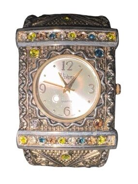 Vivani Quartz Watch Wide Cuff Bracelet Multicolor Crystal Boho Statement